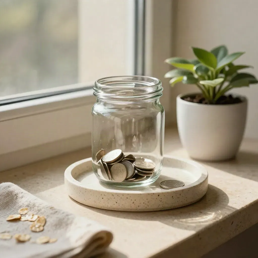 Savings jar with coin tray, houseplant, and folded cloth in soft window light.