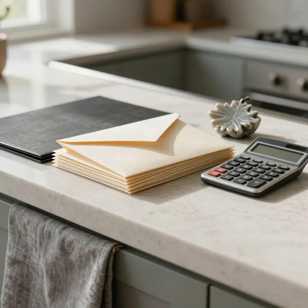 Tax envelopes, folder, calculator and maple-leaf paperweight on a kitchen counter.