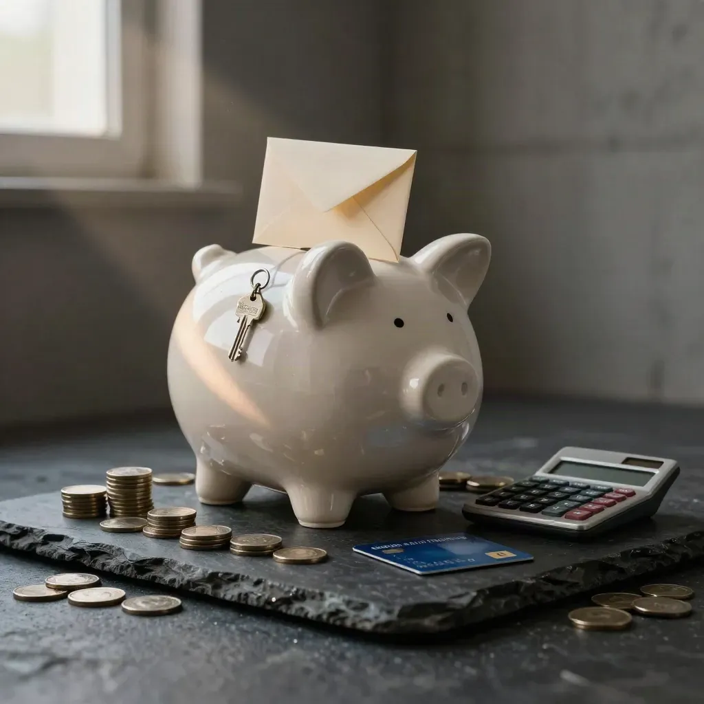 Matte piggy bank with coins, key, envelopes, card and calculator on stone in moody light.