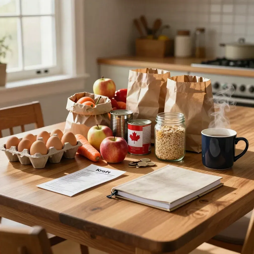 Groceries split into budget piles on a kitchen table beside a coin jar and steam from a mug.