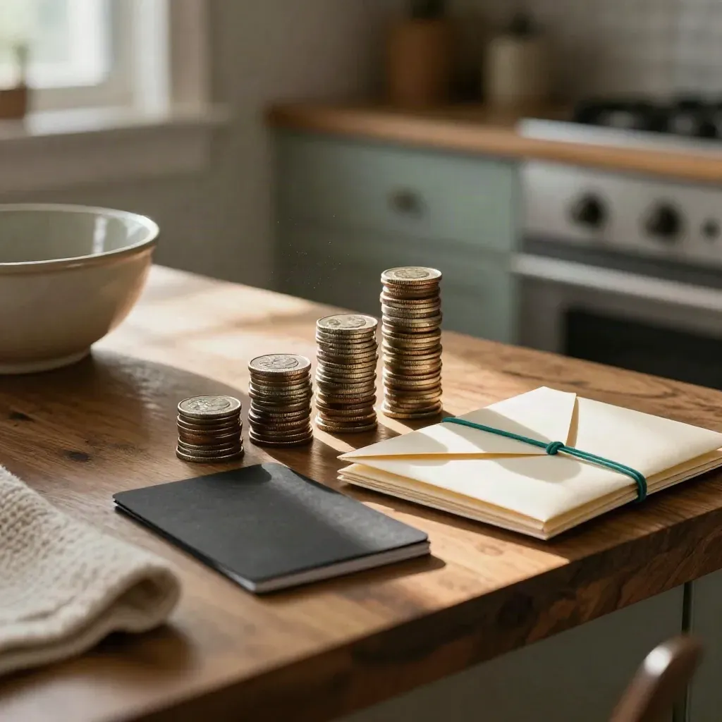 Three coin stacks, a black card, and bundled blank envelopes on a warm counter by window light.