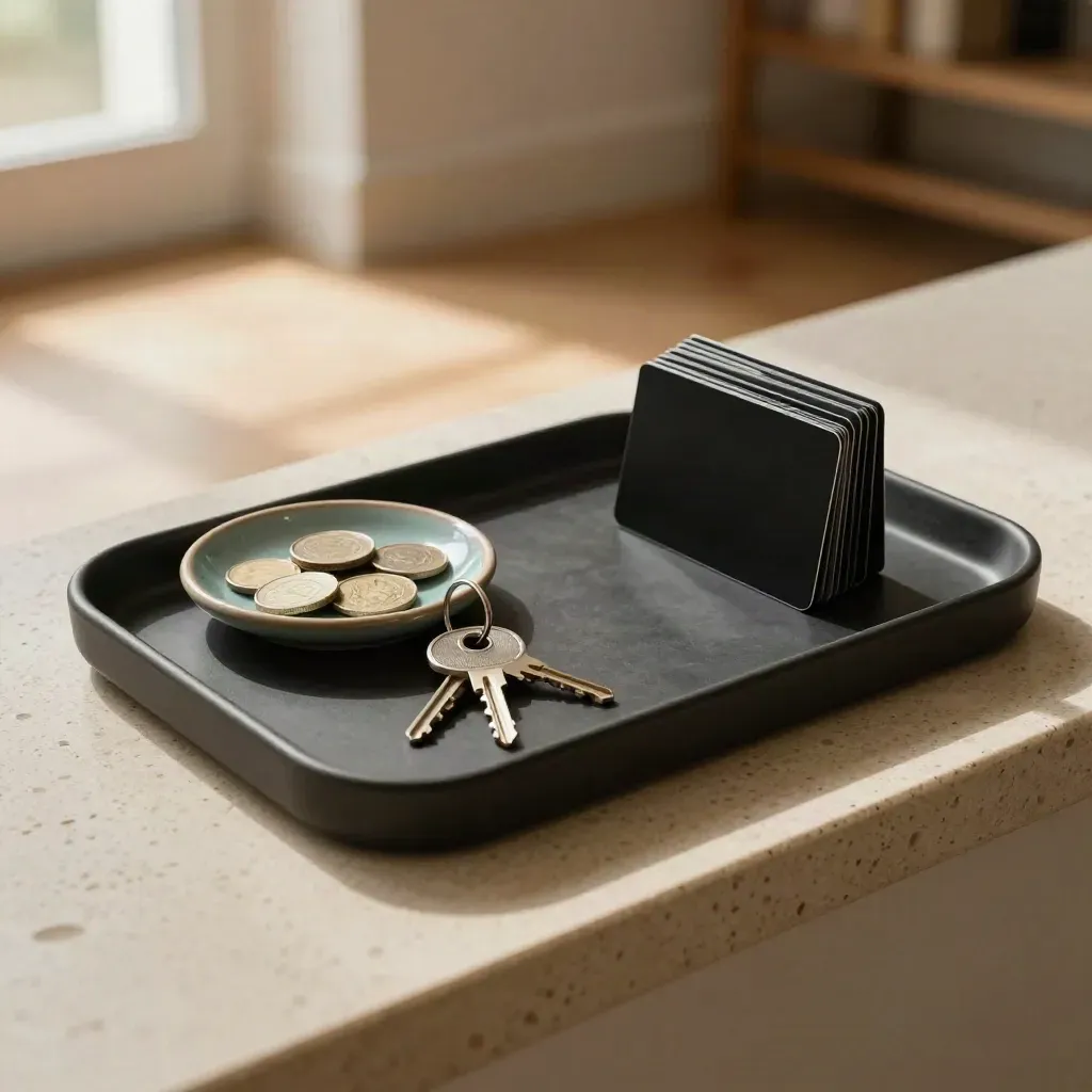 Black card, house key, payment tray and coin dish on a warm entry ledge.