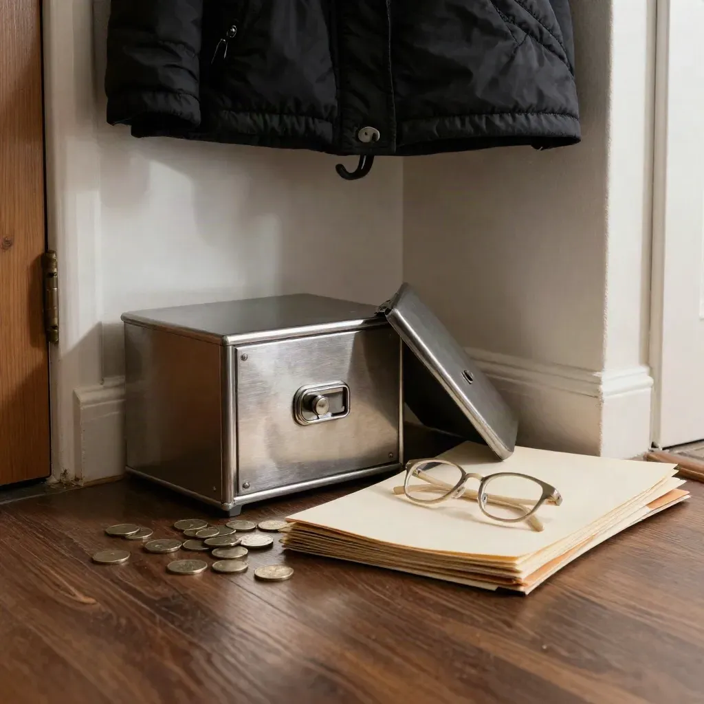 Open lockbox with retirement folders and glasses by a winter coat hook in an entryway