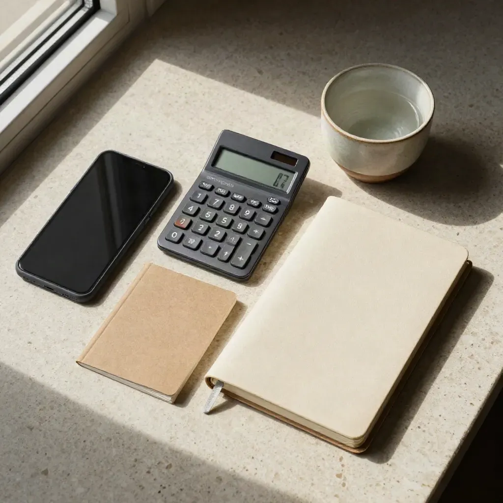 Top-down investing kit with phone, calculator, notebook, guidebooklets and cup on travertine.