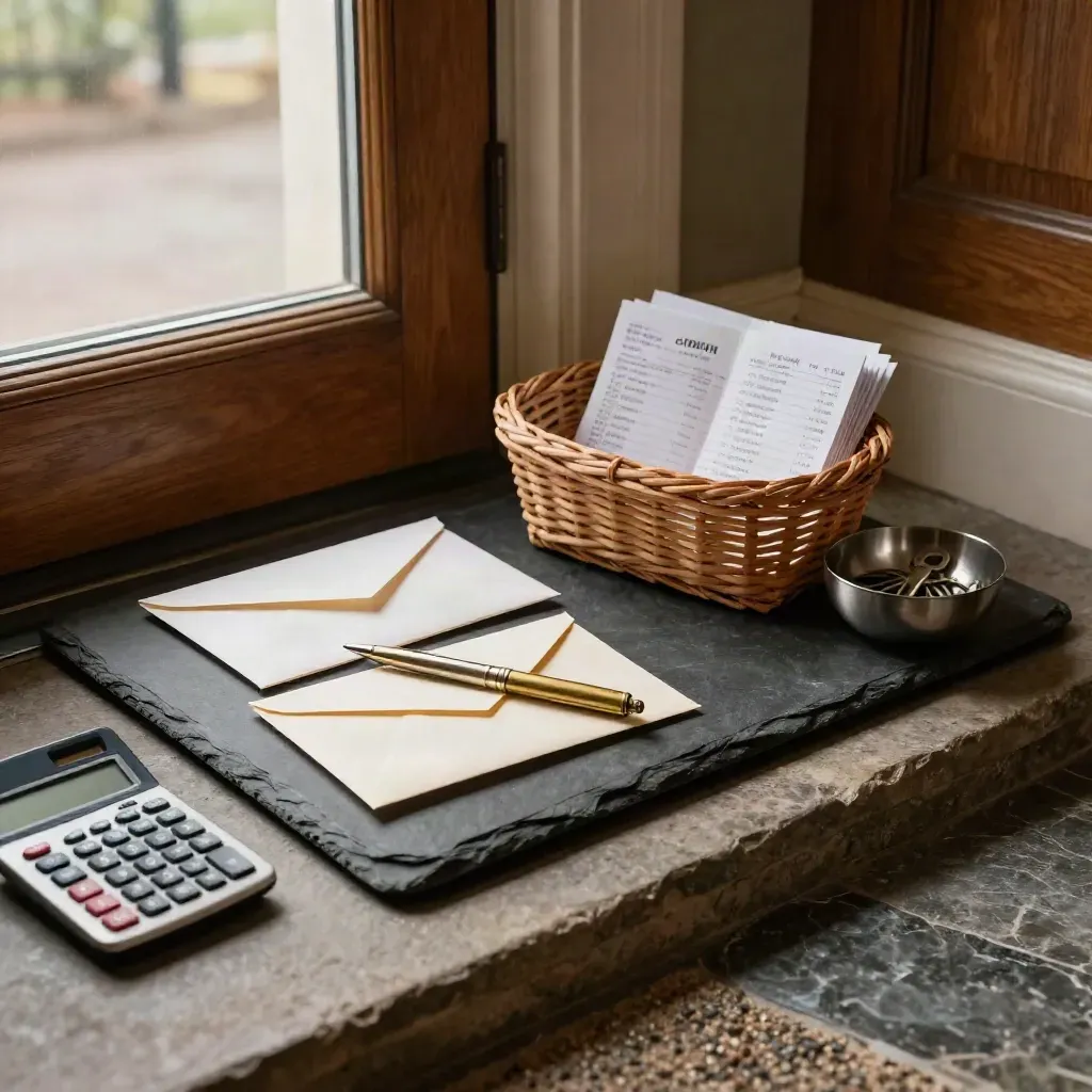 Front-entry tray with envelopes, flipped calculator, pen, and receipt slips in a slate vestibule.