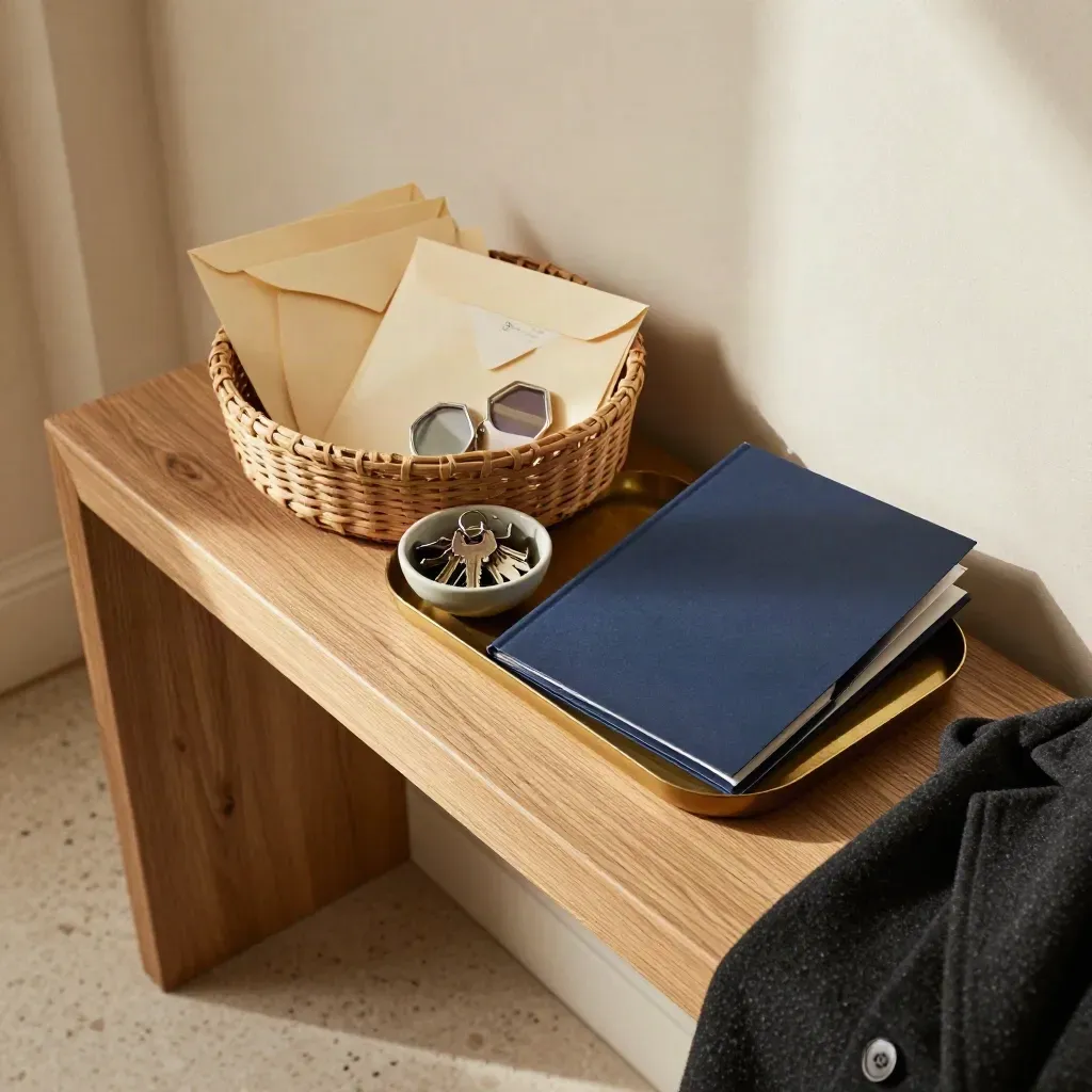 Entryway console with tax envelopes, keys bowl, and coat for final tax-season check