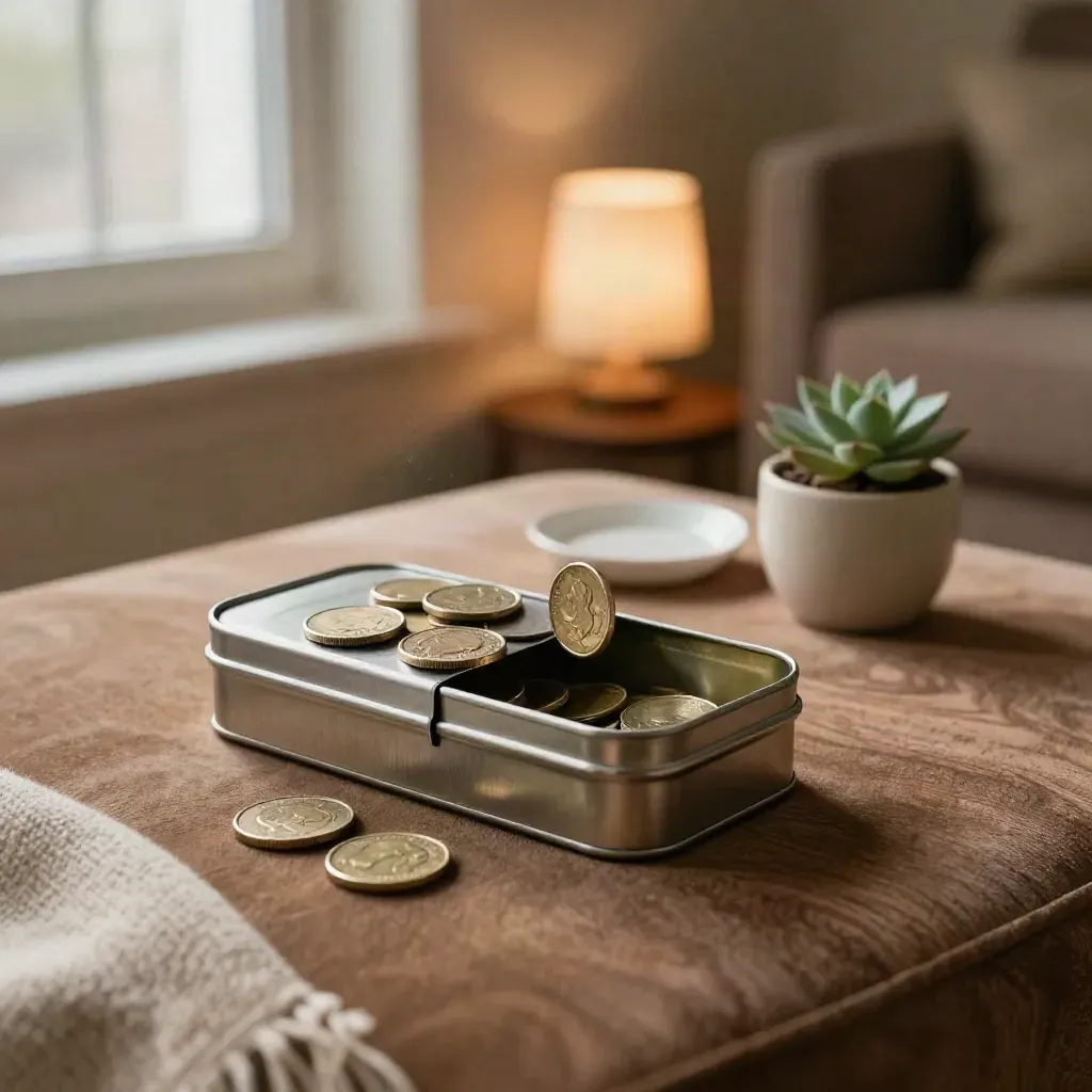 Savings tin with coins landing beside a white dish and succulent on a cozy ottoman.