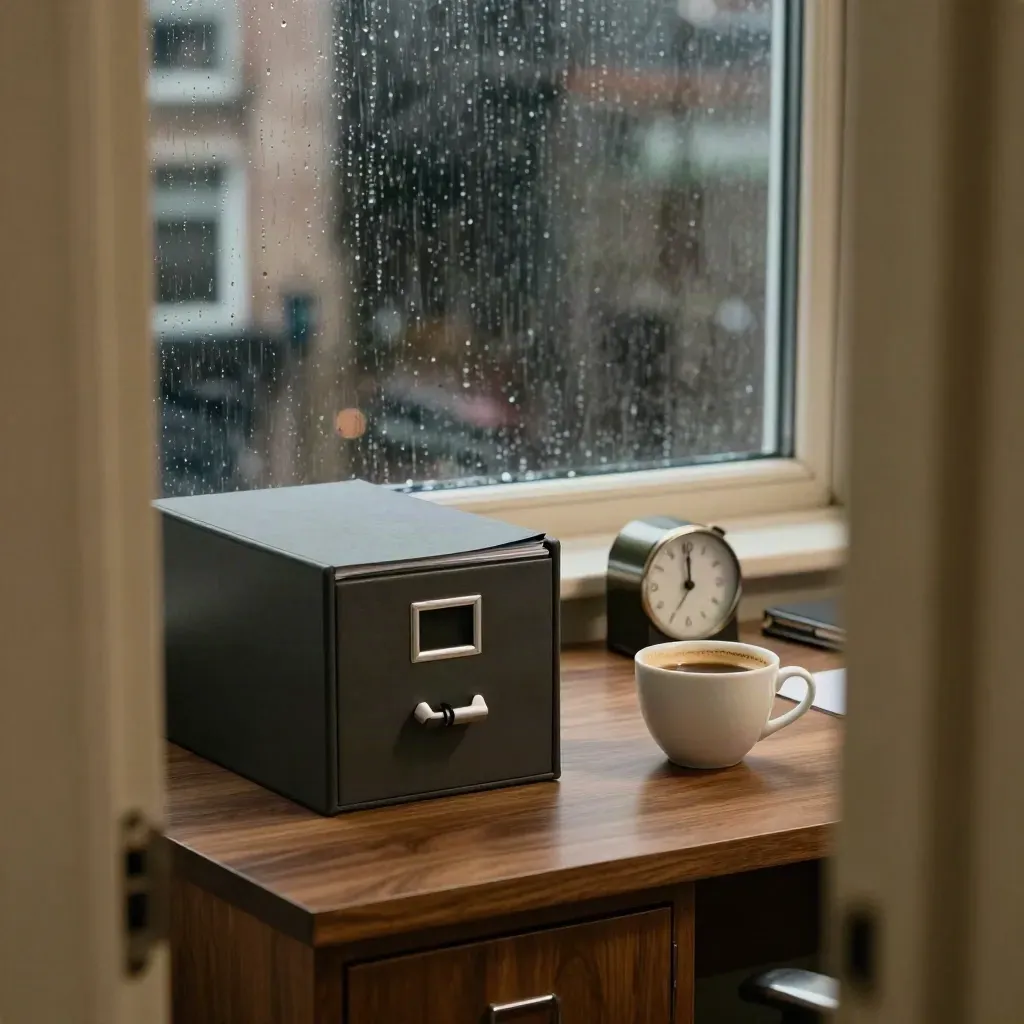 Locked file, coffee cup and timer by a rain-streaked window in a late-night finance office.