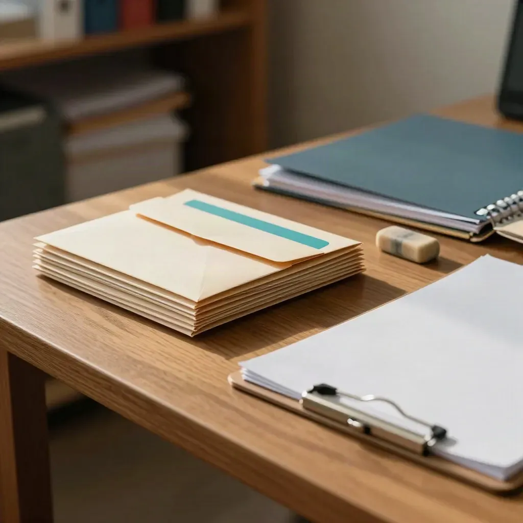 Credit-card envelopes, eraser, folder and face-down clipboard on a warm desk in soft light.