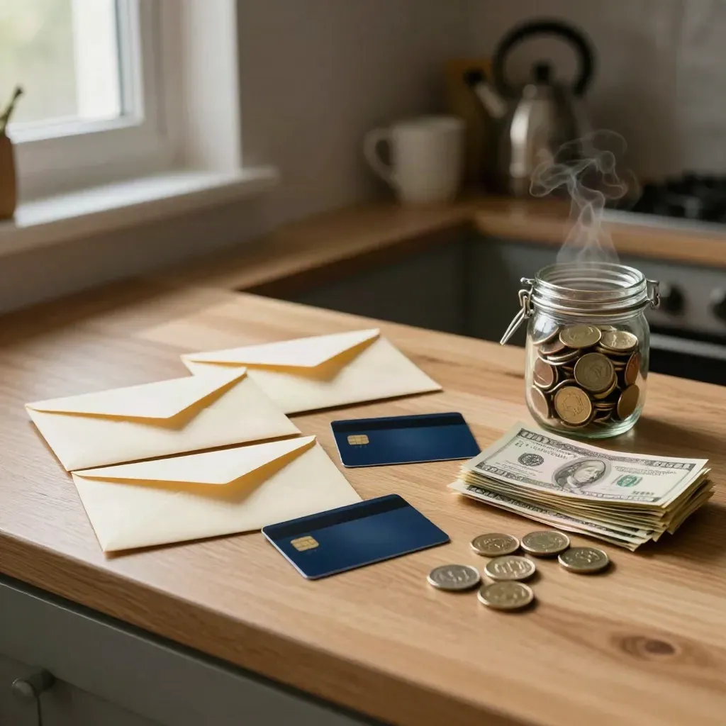 Envelopes, debit card and coin jar on a kitchen counter with morning steam.