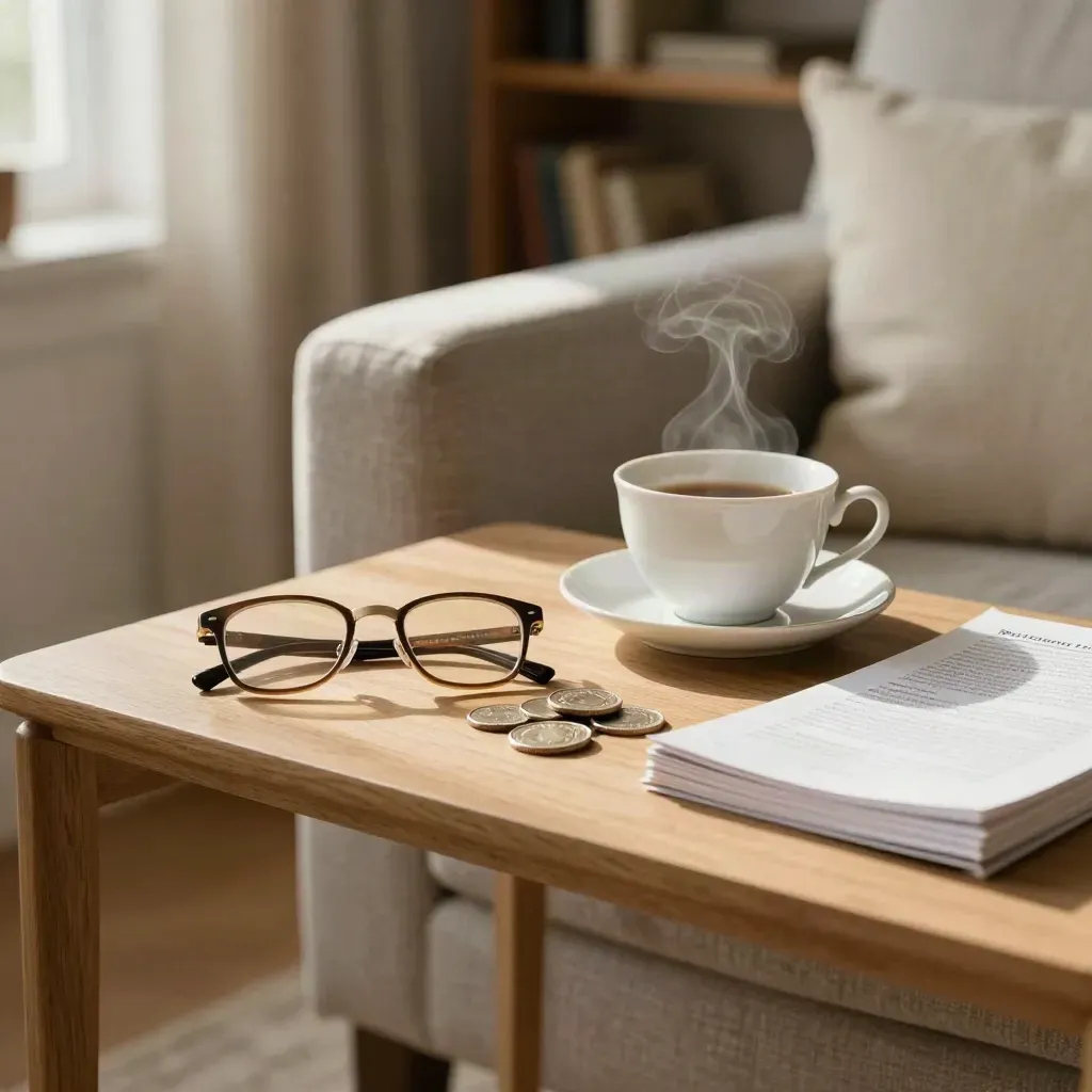 Living room side table with glasses, tea, coins, and retirement papers beside a quiet armchair.