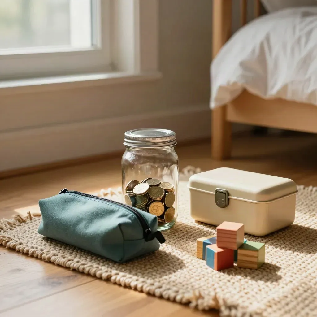 School savings jar beside a teal pencil case, lunchbox, and toy blocks on a sunlit bedroom floor.