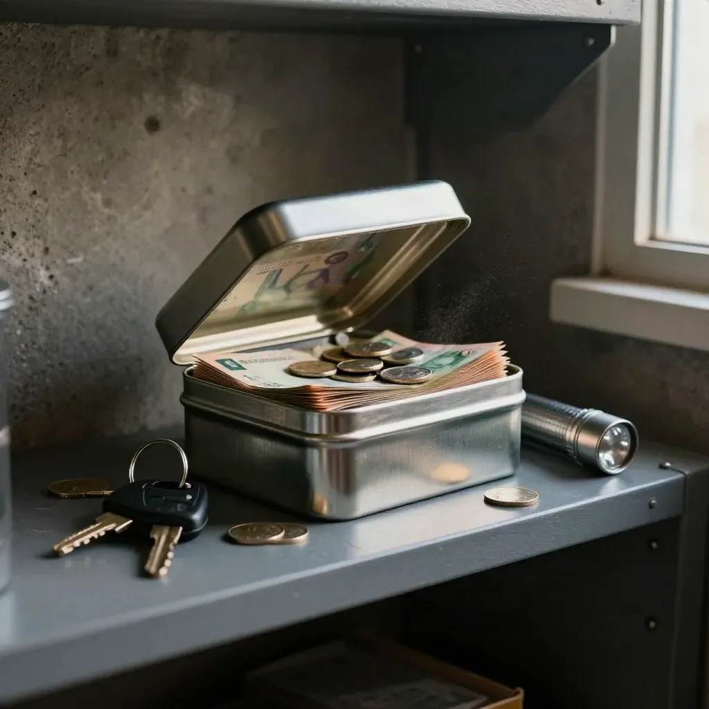 Open cash tin with car and house keys, flashlight, on a basement shelf