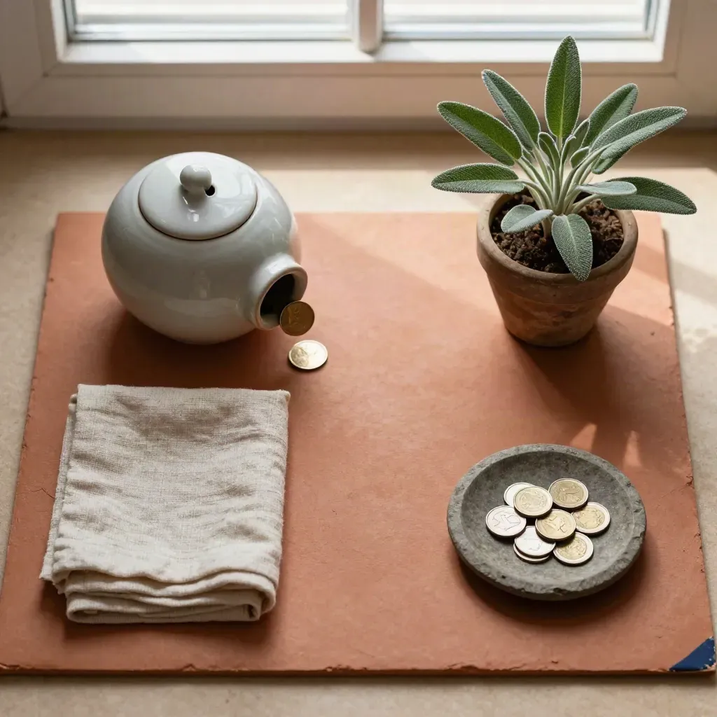 Overhead ceramic coin jar, linen cloth, plant and dish on terracotta slab