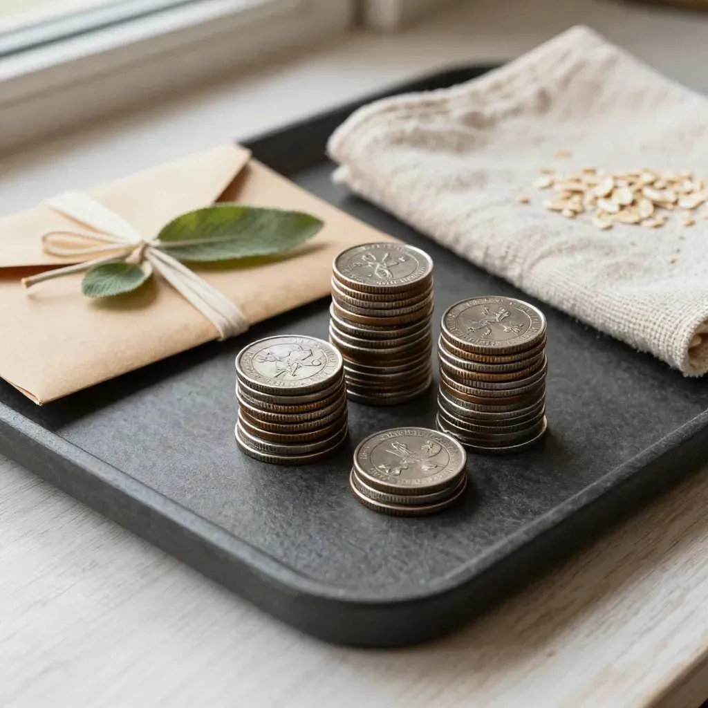 Coin stacks, sealed envelope bundle, leaf and cloth on a tray