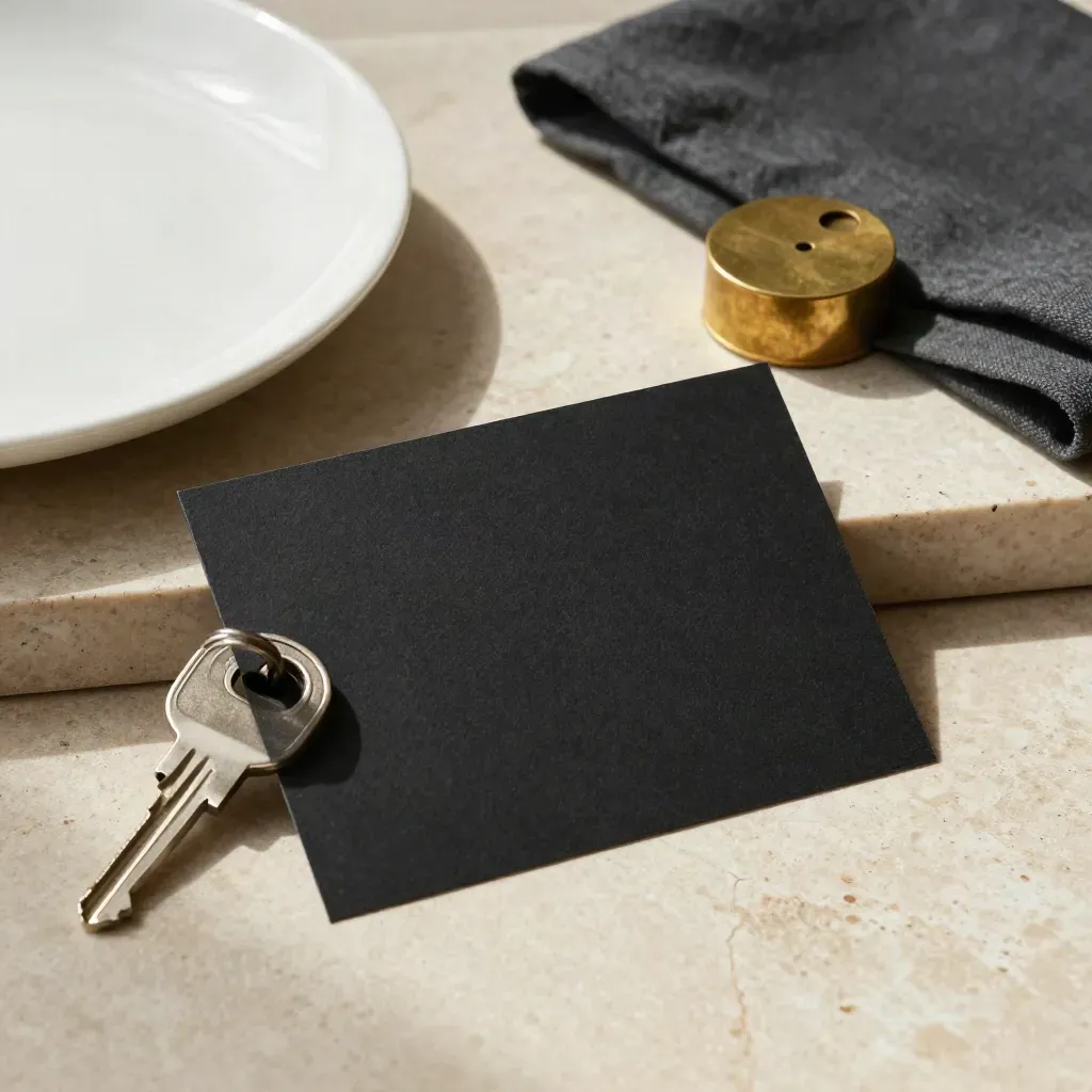 Black finance card, key, ceramic dish and brass paperweight on a stone tray with linen.