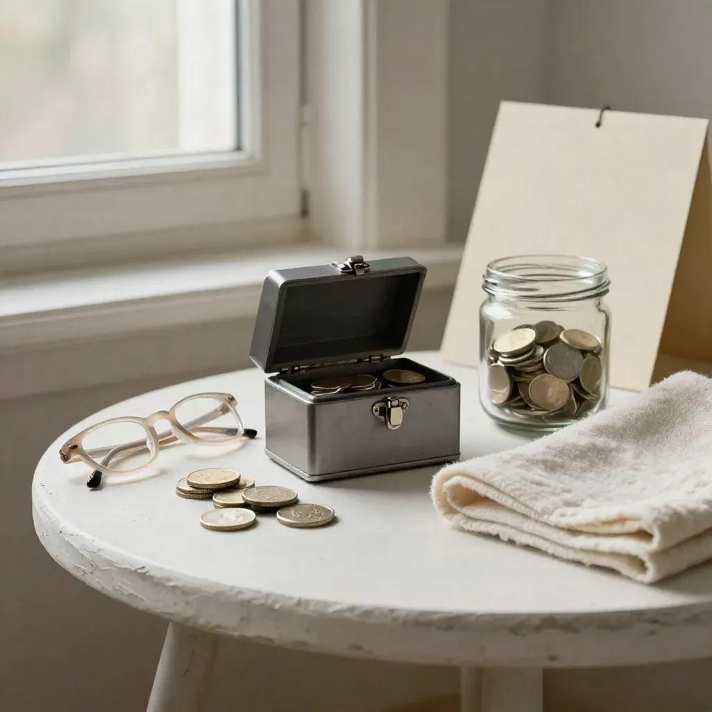 Open lockbox, coins, glasses, jar, and wool cloth on a pale plaster side table.